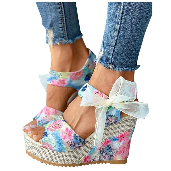 

sandals women summer wedge female open toe floral bowknot platform bohemia high heel sandal fashion ankle strap ladies shoes, Black