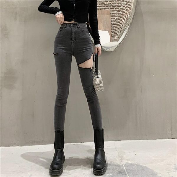 

real s 2021 fashion women's slim bag hips all-match high waist ripped jeans, Blue