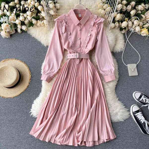 

neploe autumn chic pearl button shirt dress women fungus patckwork high waist femme vestidos sweet cuat pleated dresses 210423, Black;gray