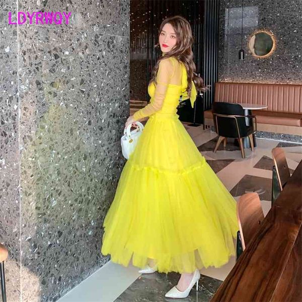 

autumn dress with fluorescent yellow mesh yarn temperament cake layer office lady polyester 210603, Black;gray
