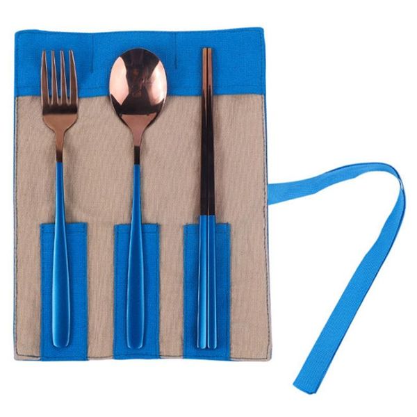 

-3pcs set dinnerware portable stainless steel spoon fork chopsticks travel cutlery tableware with bag