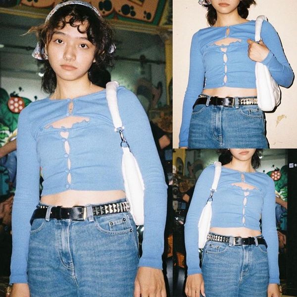 

hollow long sleeve short navel t-shirt blue women's, White