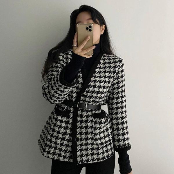 

women's wool & blends 2021 spring autumn korean retro temperament black and white jacket classic single-breasted waist woolen coat fema
