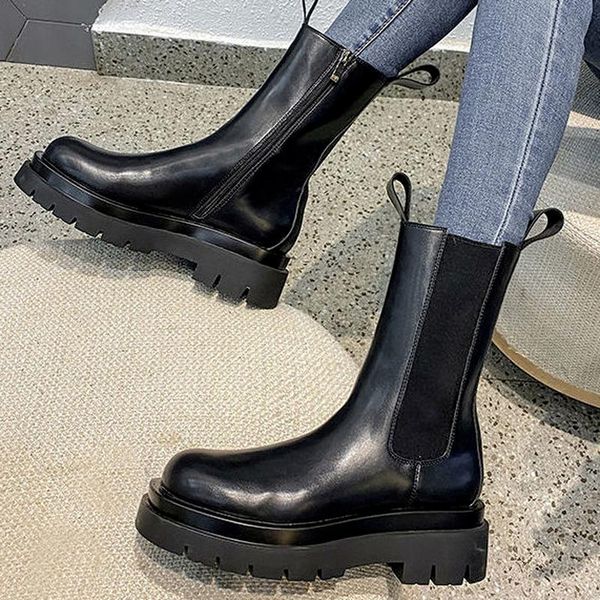

boots 2021 women's and calf fashion thick-soled pu winter warm stretch casual patent leather shoes, Black