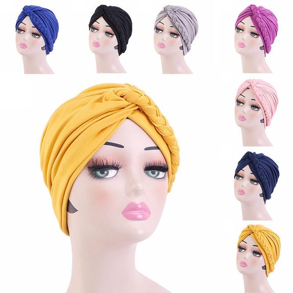 

beanies european american turban yoga hat baotou cap solid color twist braid muslim women silk chemotherapy