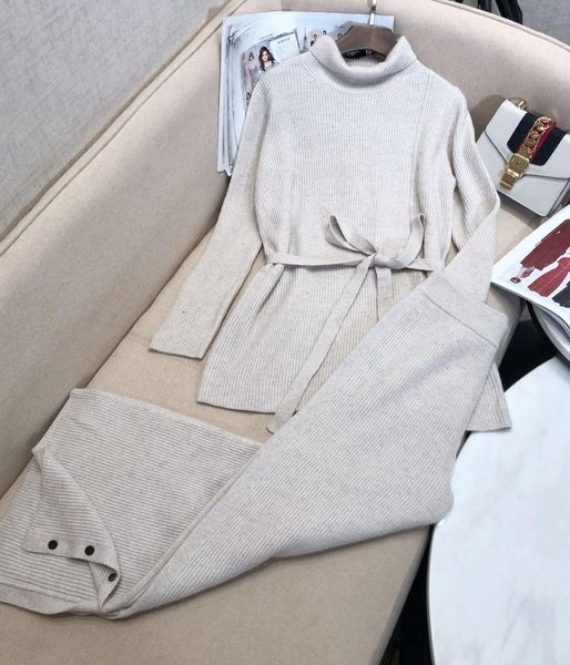 

ladies fashion 2021 suit high neck wool sweater +casual knitted wide leg trousers 2-piece set 1107 women's two piece pants, White