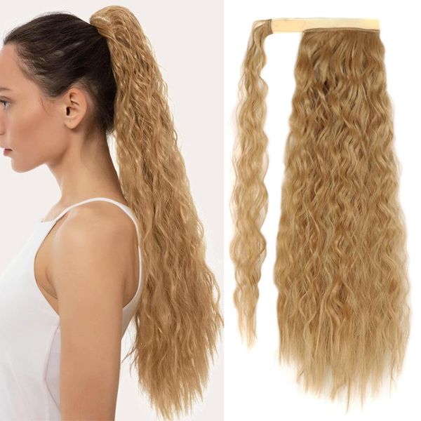 

synthetic wigs mydiva long curly wrap around clip in ponytail hair heat resistant blonde pony tail fake, Black
