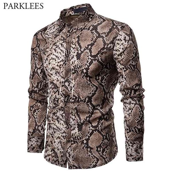 Sexy Snake Pattern Imprimir Camisa Dos Homens Marca Manga Longa Mens Vestido S Hip Hop Streetwear Casual Camisa Hombre 210809