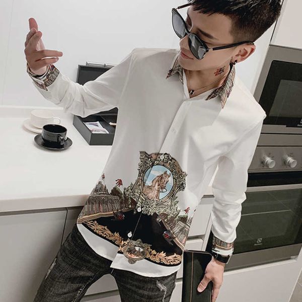 

designer print men shirt camisa masculina casual slim fit long sleeve shirts men dress streetwear night club social clothing 210527, White;black