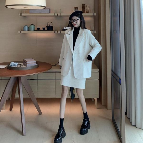 

women's suits & blazers women elegant sets corduroy blazer ol notch collar jacket female 2 pieces double breasted coats outwears bottom, White;black