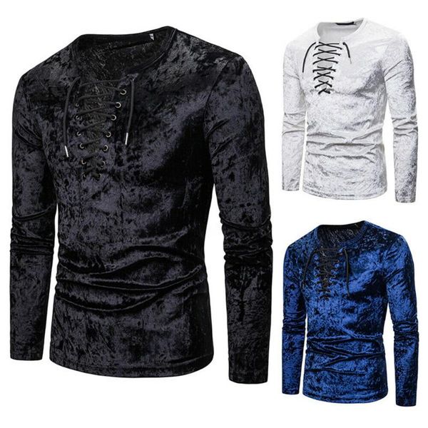

mens lace up v neck t-shirt long sleeve crushed velvet tee shirt gothic slim fit 2021 men's hoodies & sweatshirts, Black