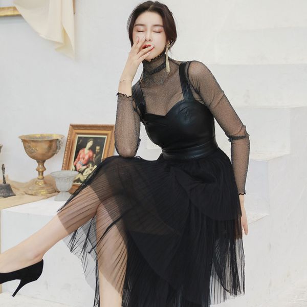 

casual dresses mesh pu woman turtleneck long sleeve chic transparent women suit j2w8, Black;gray