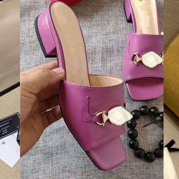 

2021 spring leather slippers soft cowhide lazy women shoes metal buckle beach mules princetown classic lady 3, Black