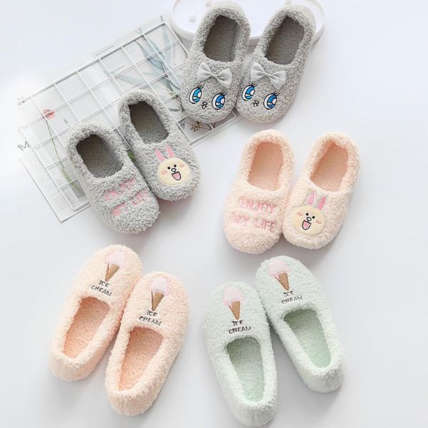 

slippers winter warm home women non-slip cartoon slides ladies thicken plush flat indoor house shoes soft bottom, Black
