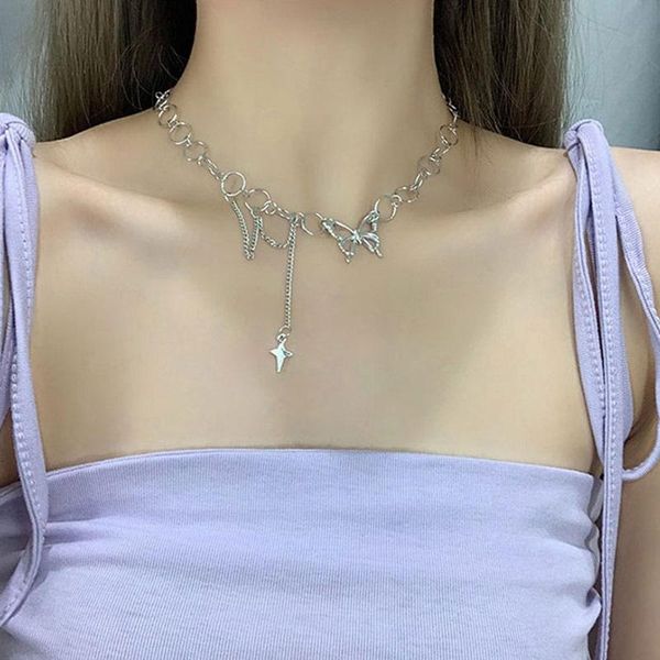 

chokers 2021 arrival star butterfly pendant necklace female ins fashion design hip hop stainless steel circle chain jewelry, Golden;silver