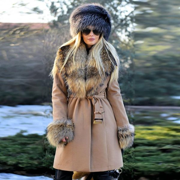 

women's fur & faux yz.furture style real coat women winter natural wool with belt warm jacket wholesale, Black