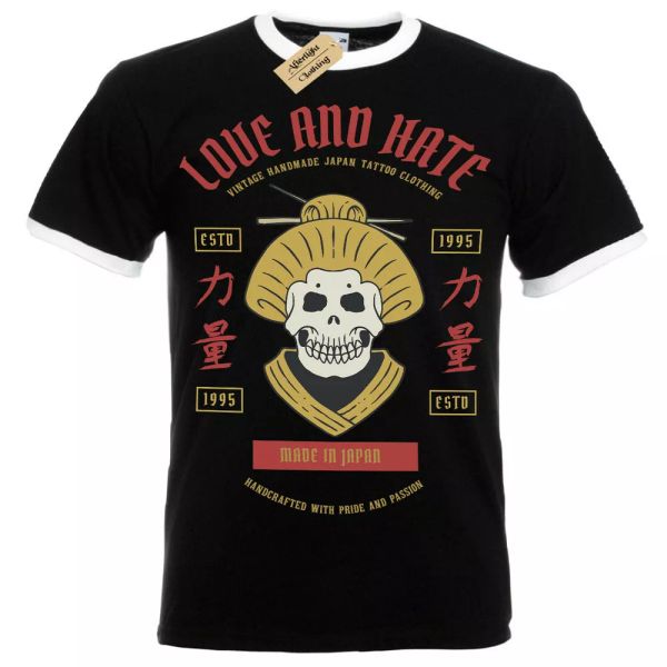

geisha crÃ¢ne t-shirt love hate fabriquÃ© japon hommes contraste, White;black