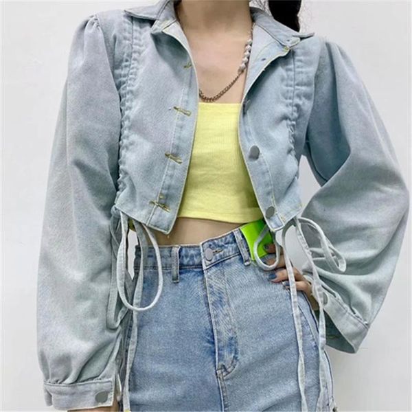 

women's jackets early autumn loose slimming all matching casual denim coat korean style high waist sides drawstring design top, Black;brown