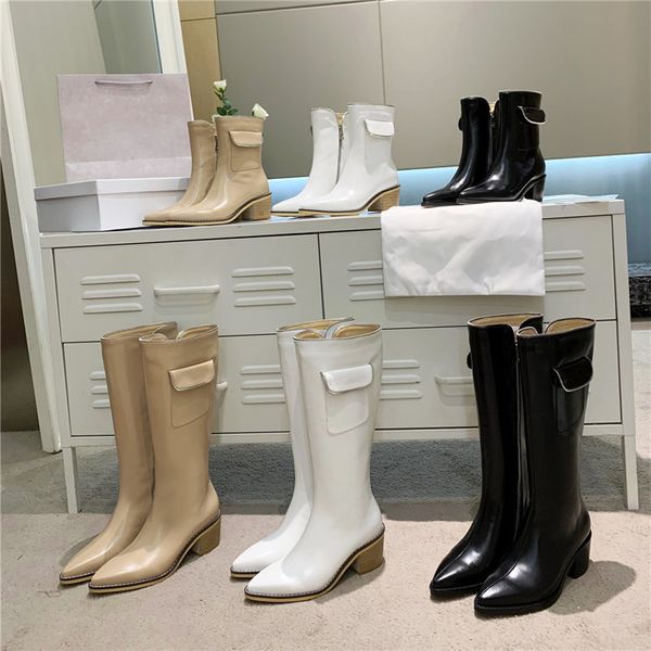 2021 Marka Kadınlar Botlar Tasarımcı Gerçek Deri Döşeme Çıplak Black Beyaz Diz Boot Zipper Sıradan Ayakkabı Moda Chelsea Highboots Kadın Lüks Büyük Boyut