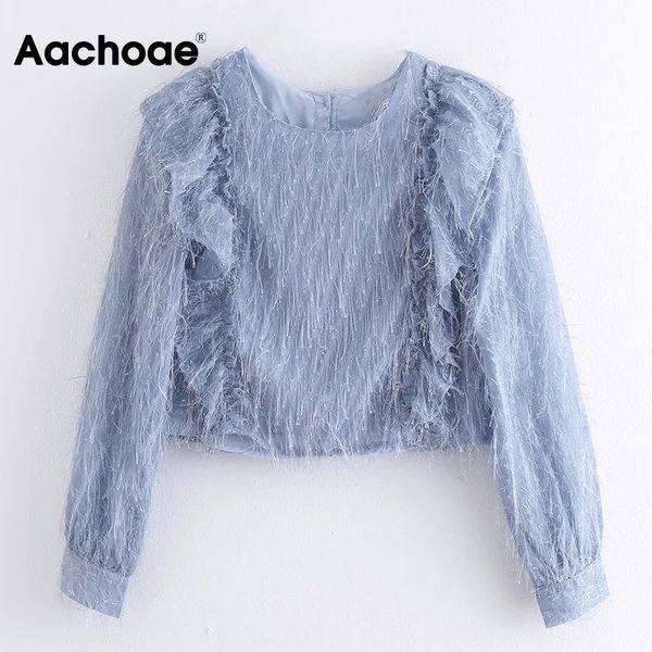 

chic women blue tassel cropped blouse long sleeve elegant shirt female o neck ruffles sweet blusas mujer, Black;white