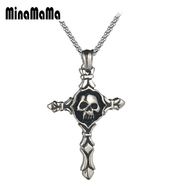 

pendant necklaces gothic halloween stainless steel cross skull necklace for woman men religious jewelry, Silver