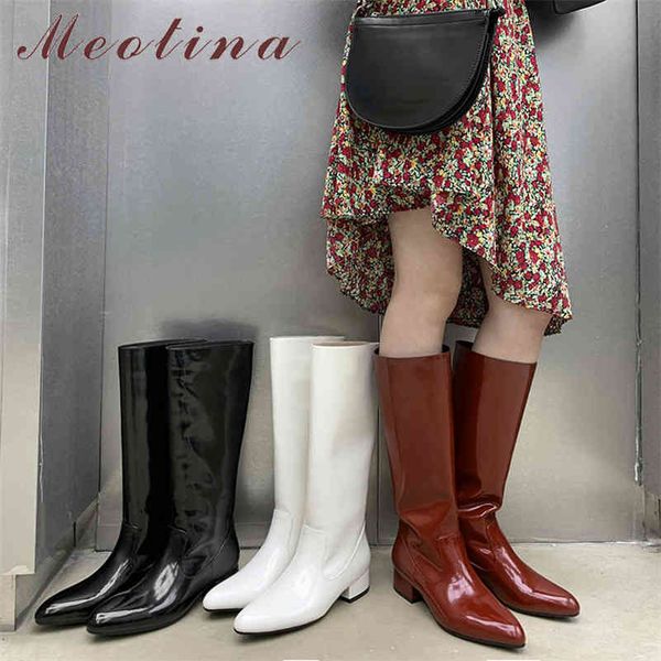 

meotina women long boots shoes genuine leather mid heel knee high boots pointed toe block heels fashion ladies boots beige 33-40 210520, Black