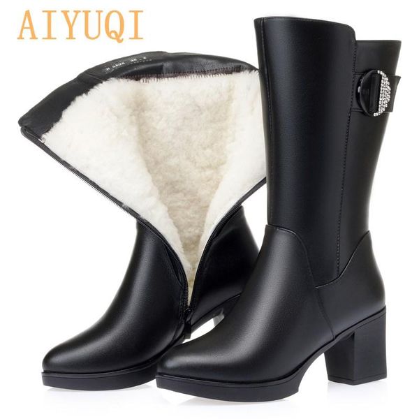 

boots aiyuqi women snow high-heeled winter genuine leather high wool warmth fashion shiny women's riding, Black