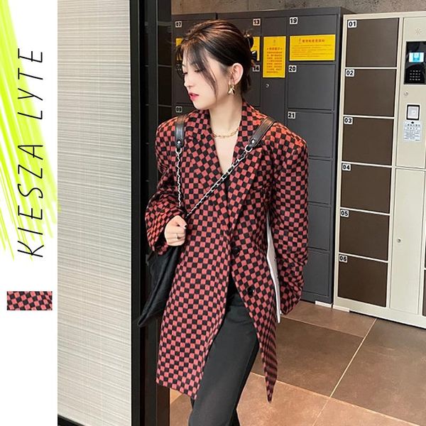 

women's wool & blends women coat winter casual korean style loose orange red checkerboard oversize jackets outer coats, Black