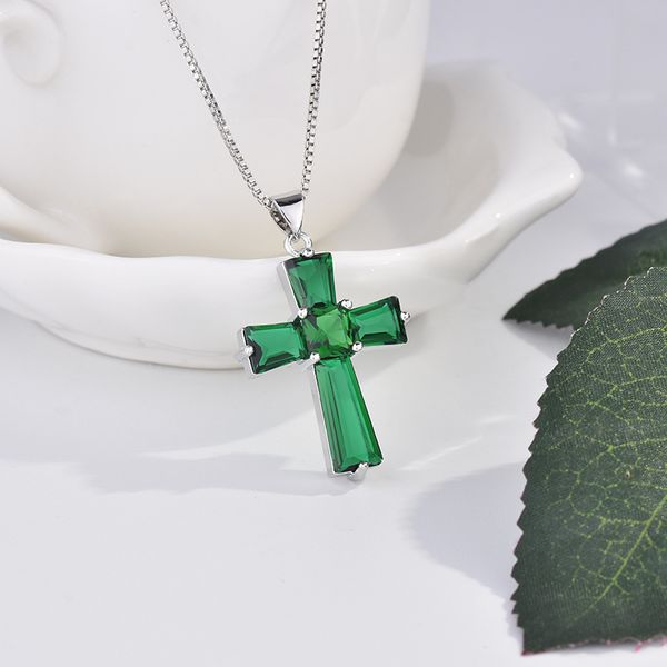

new caibao lady jewelry cross emerald pendant amazon luxury irregular zircon necklace non-fading gift, Silver