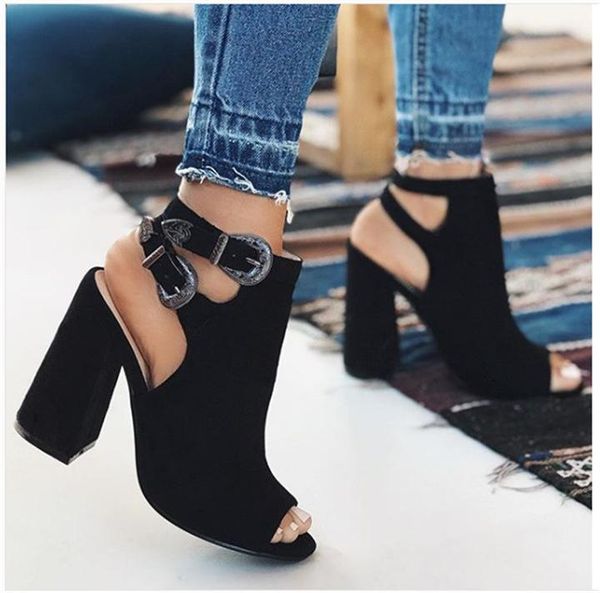 

sandals 2021 european and american snake pattern roman shoes with metal buckle hollow thick heel high women's sexy, Black