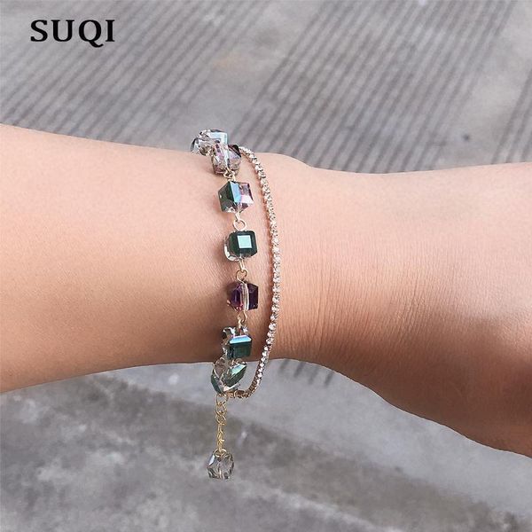 

charm bracelets suqi square glass crystal for women fashion rhinestone adjustable party decoration beaded jewelry 2021, Golden;silver