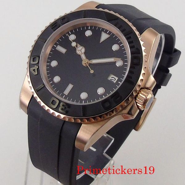 

wristwatches 40mm bliger sterile rose gold plated japan nh35 miyota 8215 automatic men watches sapphire crystal rotating bezelrubber strap, Slivery;brown