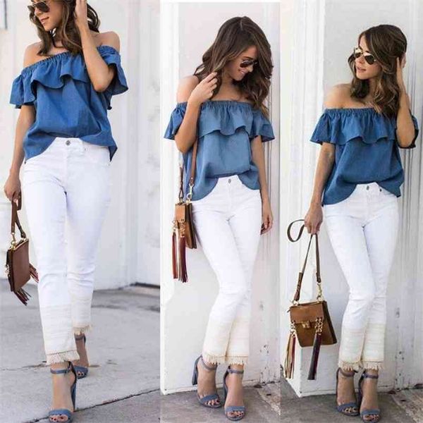 

kayotuas women blouse wild fashion off-the-shoulder casual party pure shirt summer denim ladies clothing 210522, White