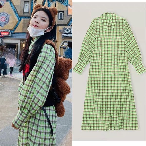 

casual dresses women dress 2021 plaid long puff sleeve green color midi, Black;gray