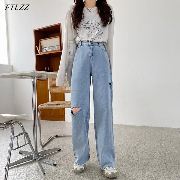 

women's jeans ftlzz summer women vintage hole blue long denim pants streetwear female washed straight ladies loose trousers