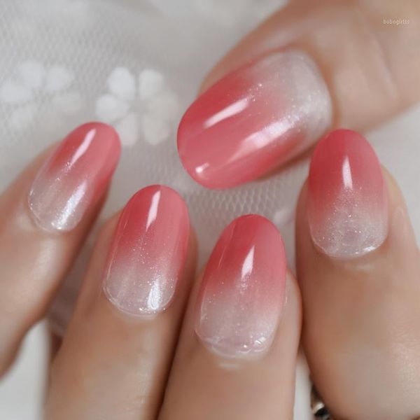 

short ombre fake nails light red gradient trasparent shimmer oval nail art tips uv gel effect manicure fingernails for daily1, Red;gold