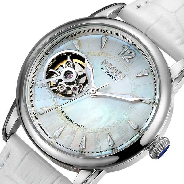 

wristwatches brand nesun women skeleton automatic casual japan miyota mechanical100m waterproof sapphire crystal gift clock, Slivery;brown