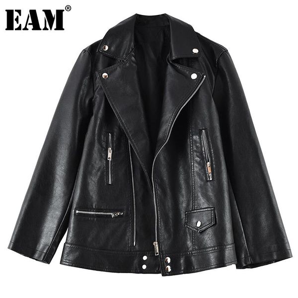 

women's leather & faux [eam] loose fit pu black big size jacket lapel long sleeve women coat fashion tide spring autumn 2021 1de0647