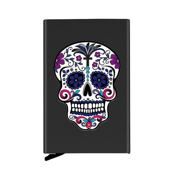 

card holders personality flower skull rfid holder automatic up metal wallet women men aluminum case, Brown;gray