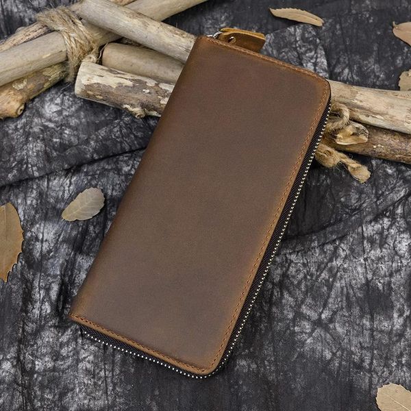 

vintage zipper long wallet men coins banknotes cards pockets large capacity crazy horse leather brown daily handy durable wallets, Red;black