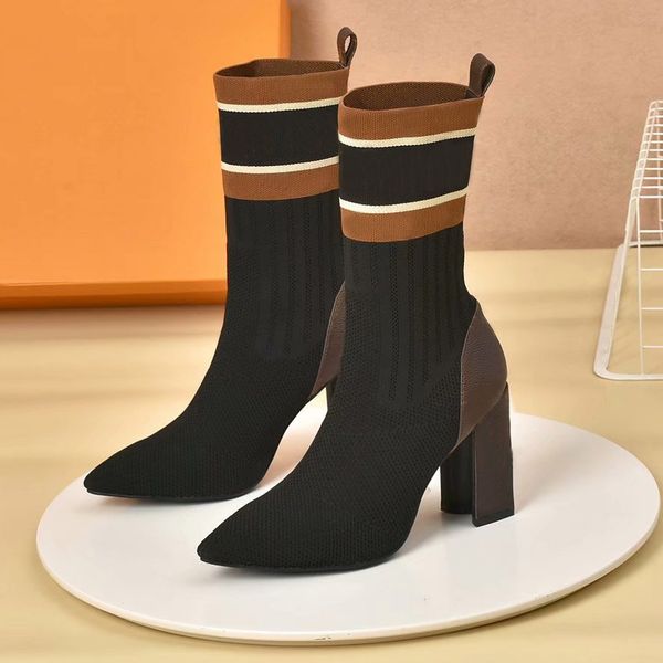 

designers fashion knitted elastic half boot women chunky heel socks boots alphabetic lady letter thick high heels autumn winter shoes size 3, Black