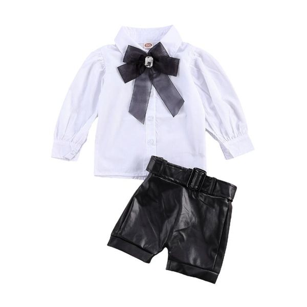

clothing sets 1-6y fashion infant baby girls clothes bowknot collar long sleeve single breasted shirts pu leather shorts, White
