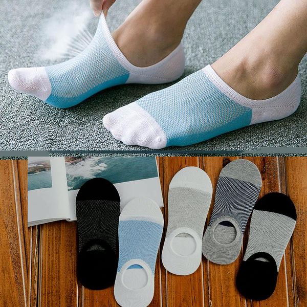 

men's socks 5 pairs fashion bamboo fibre non-slip silicone invisible boat compression male ankle sock men meias cotton, Black