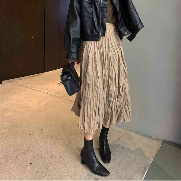 

loose plus size students high waist stylish office lady skirts all-match solid brief chic elastic casual 210522, Black