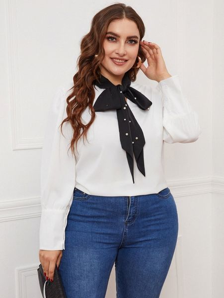 

plus colorblock pearl beaded tie neck blouse 44rc#, Black