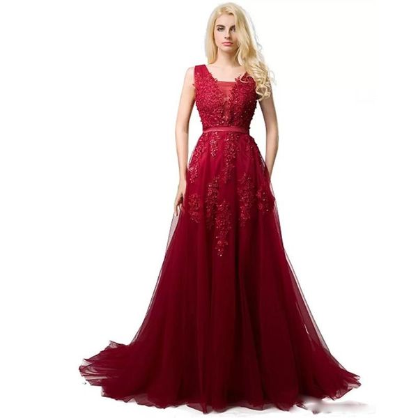 

party dresses real burgundy prom v neck sleeveless a line floor length appliques lace with pearl soft tulle evening graduation, White;black