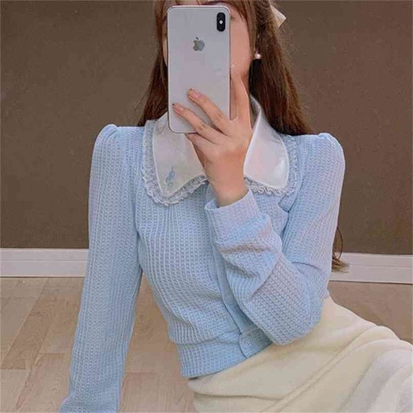Camicia colletto da bambola design senso nicchia camicia corta blu da donna primavera stile straniero top a maniche lunghe Camicetta 210529
