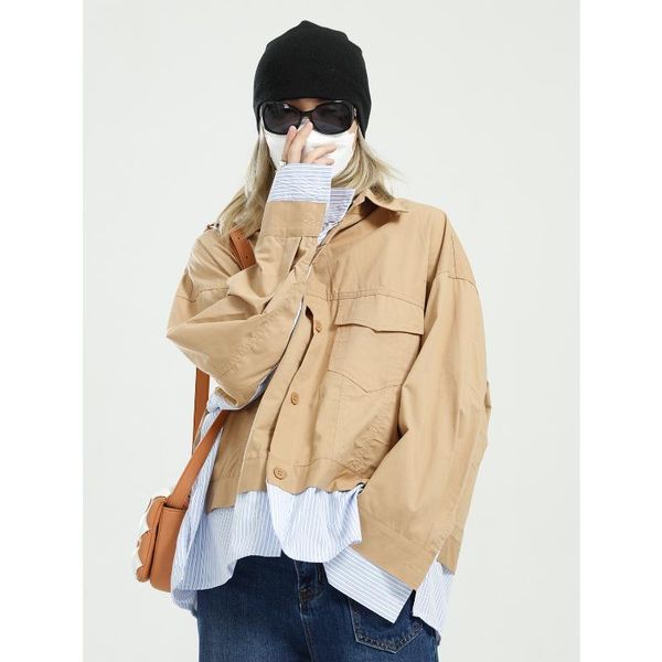 

men's clothing - 2021 spring korean version loose stitching stripe personality design fake two-piece coat jackets, Black;brown