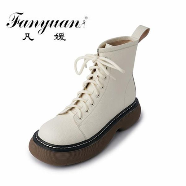 

boots fanyuan classic motorcycle genuine leather women ankle autumn winter fashion cross-tied casual shoes woman, Black