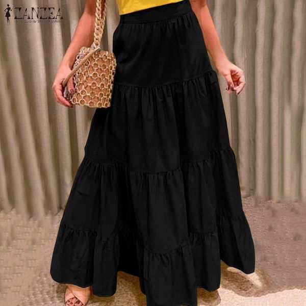 

skirts women's summer sundress zanzea 2021 bohemian solid ruffle high waist long vestidos female casual faldas saia, Black